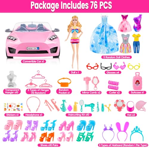 76 Pcs Doll & Convertible Car Playset with 11.5 In Doll L283