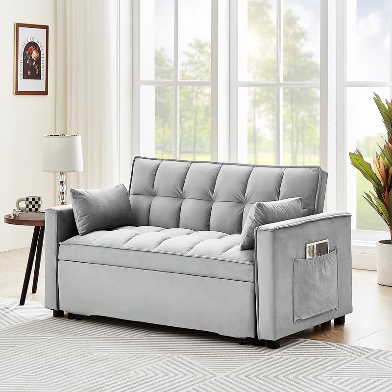 Beige Velvet Convertible Sleeper Sofa Bed with Pull Out Bed F662424