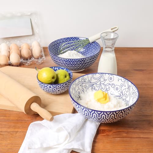 53 OZ Ceramic Salad Bowls Set of 3, Vintage Blue P384