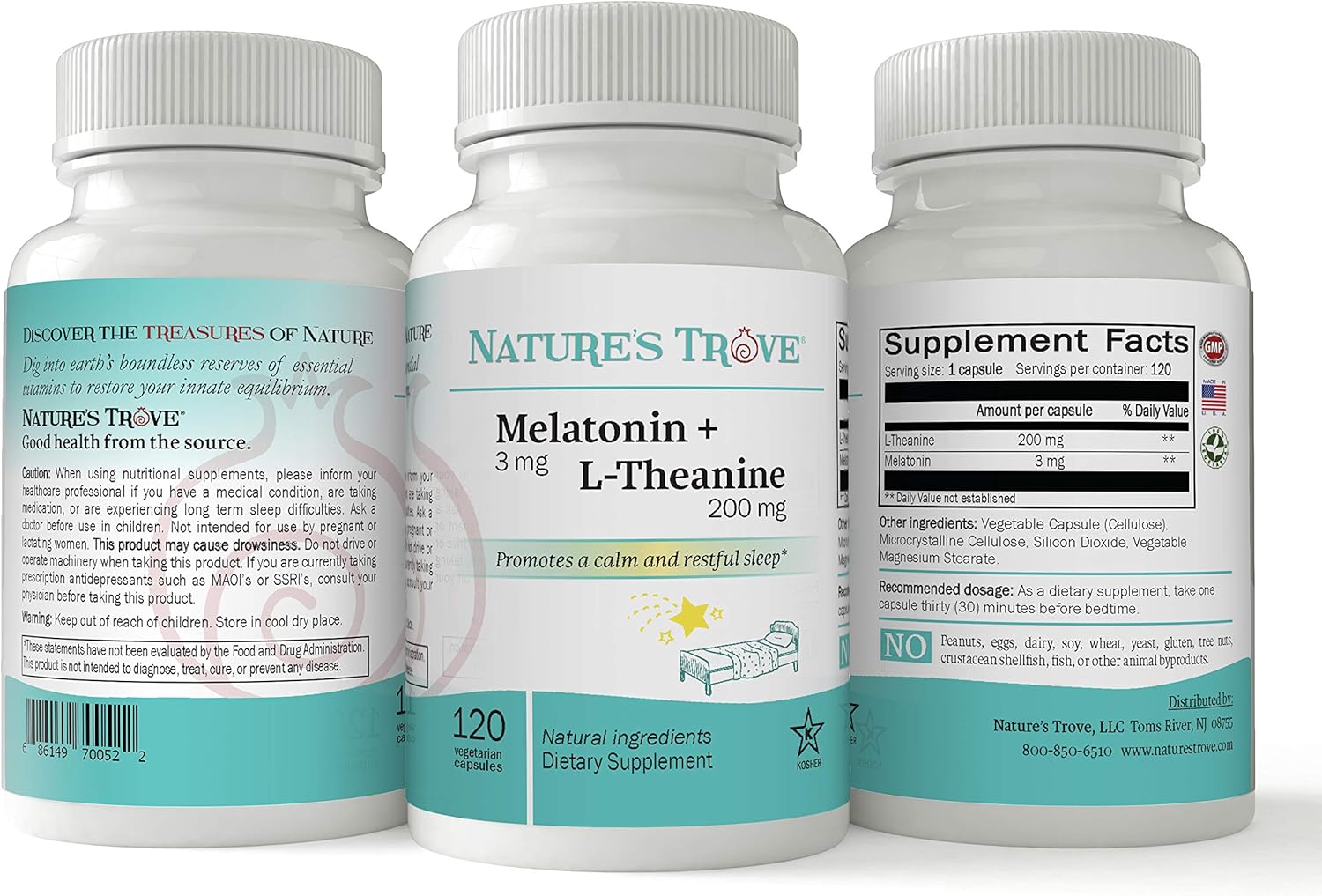 Melatonin 3mg + L Theanine 200mg 120 Kosher Vegetarian Capsules O5881