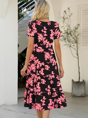 Women's Casual Summer Tiered Midi Dress Short Sleeve Belted Ruffle Boho Sundress with Pockets P7498