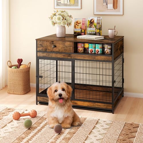 Rustic Brown 31.5 Inch Wooden Dog Crate with Storage Drawer T6345