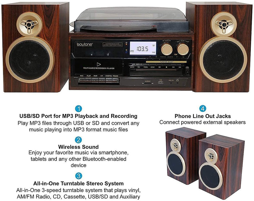 Bluetooth Record Player Turntable with AM/FM Radio, CD / Cassette Player, 2 Separate Stereo Speakers Y65822