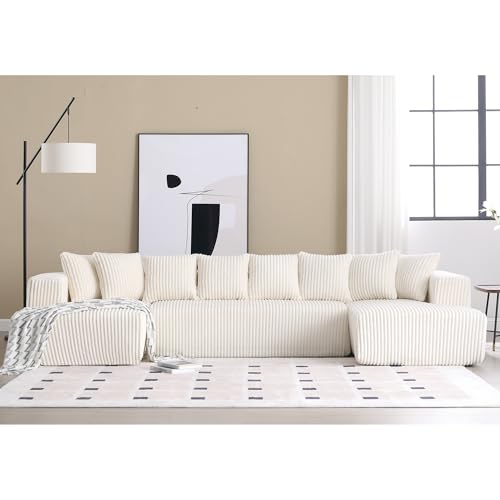 Beige 4-Seater Corduroy U-Shaped Sectional Sofa with 8 Pillows E55165