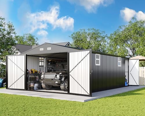 13.2x21x8 FT Outdoor Metal Garage Shed with Double Hinged Doors and 4 Windows U37043