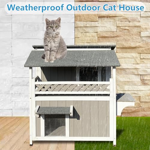 Two Story Wooden Cat House with Balcony Waterproof F771