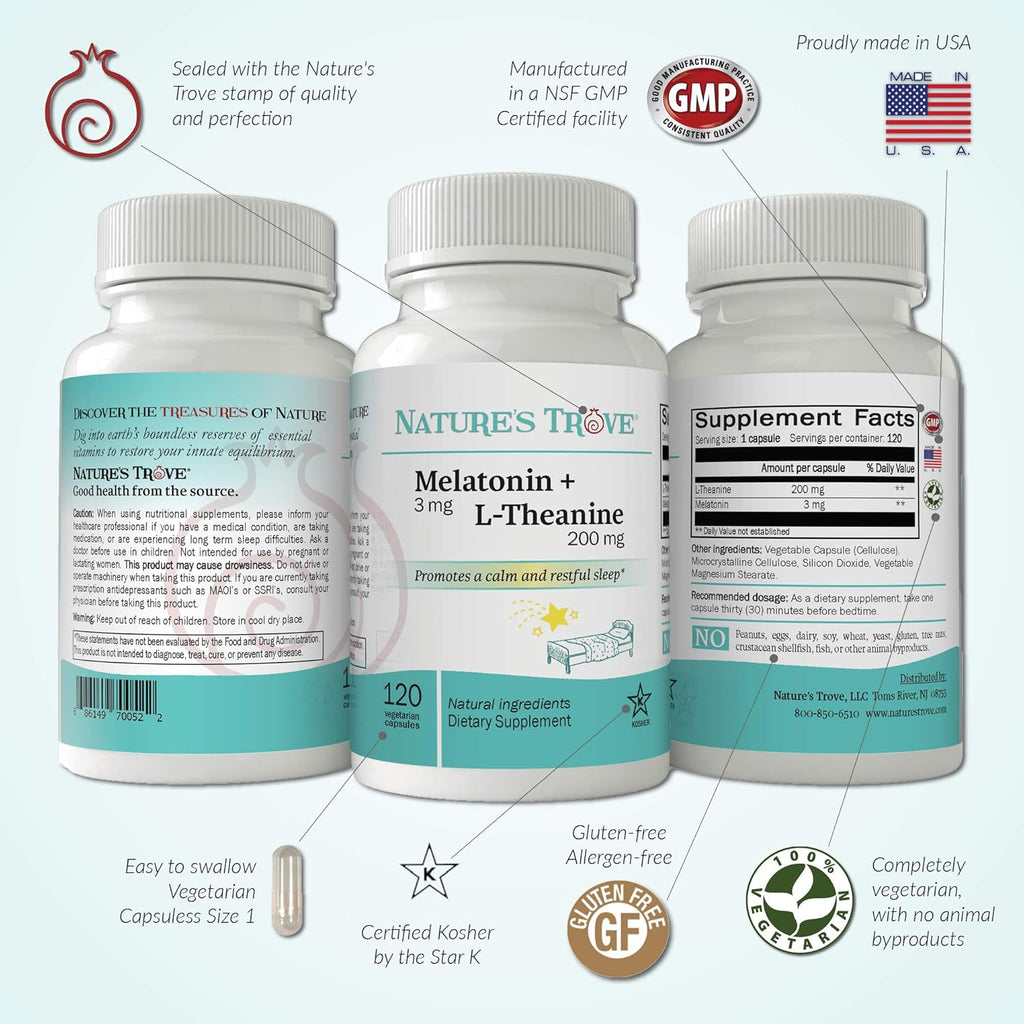Melatonin 3mg + L Theanine 200mg 120 Kosher Vegetarian Capsules O5881