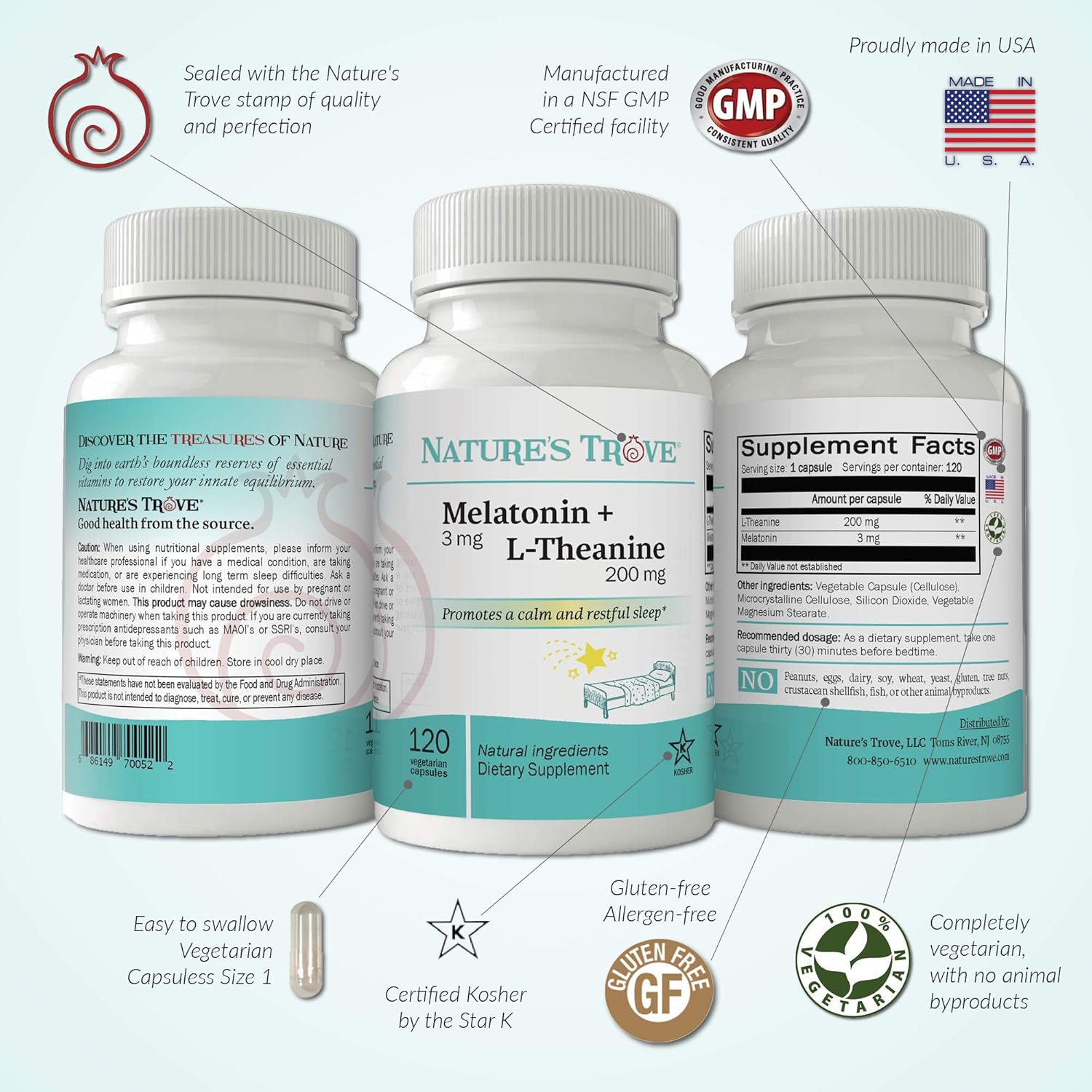 Melatonin 3mg + L Theanine 200mg 120 Kosher Vegetarian Capsules O5881