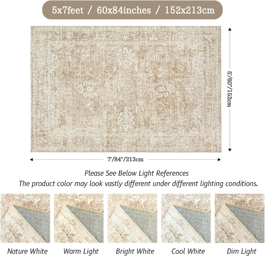 Beige/Brown 5x7 Non Slip Washable Area Rug H8951