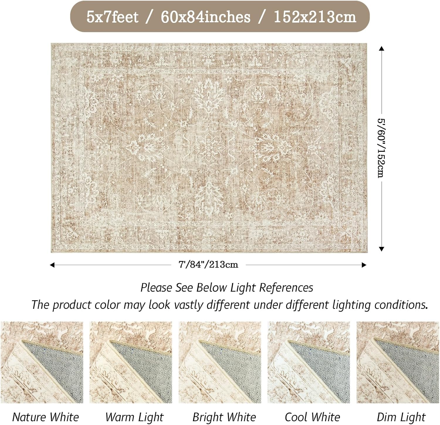 Beige/Brown 5x7 Non Slip Washable Area Rug H8951