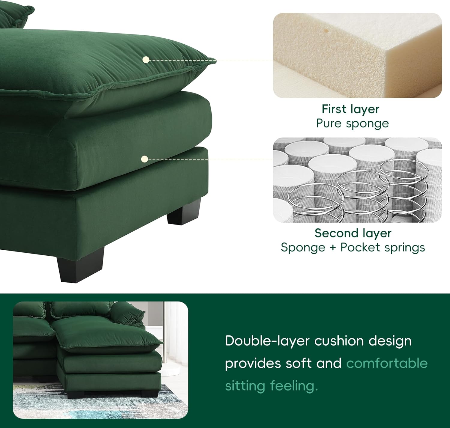 Green Upholstered Sectional Sofa with Chaise Lounge T953464