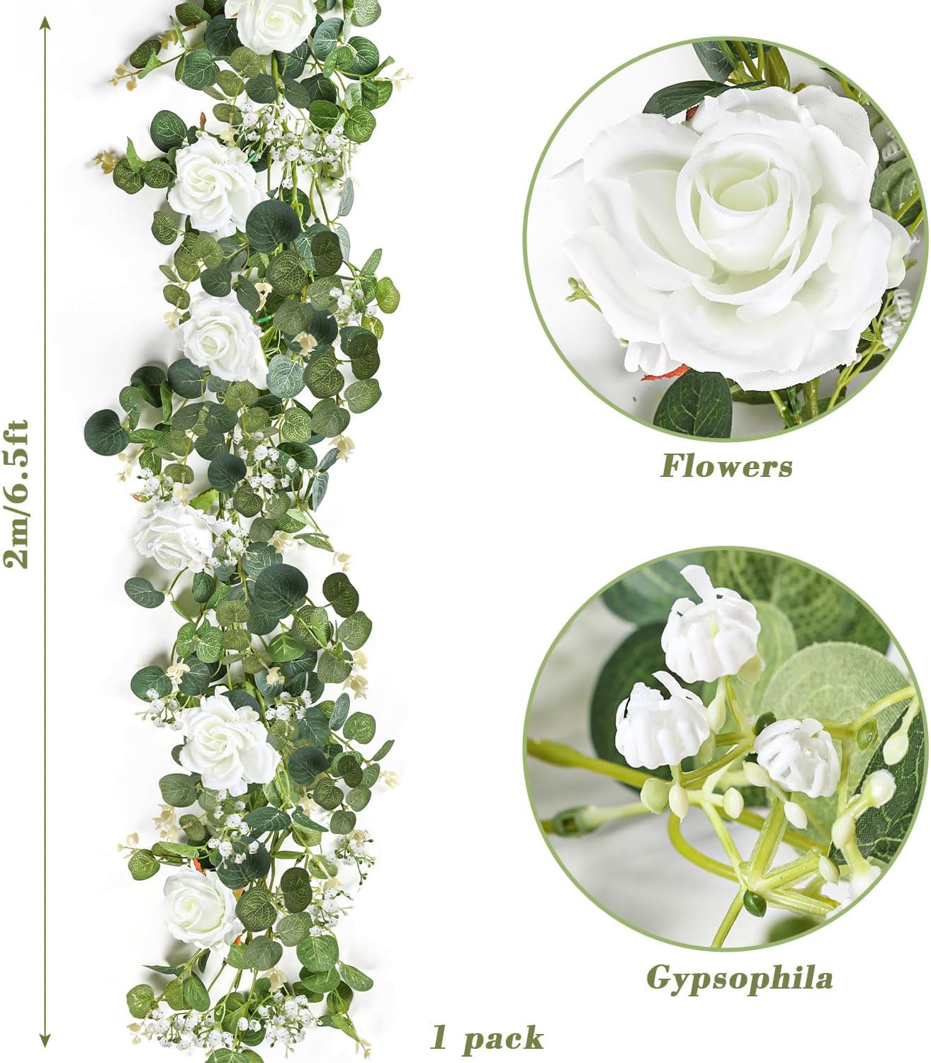 6.5ft Artificial Eucalyptus Garland with Flowers T8091