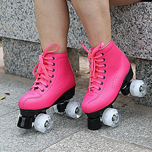 High-top Classic Double-Row Roller Skates Shoes with 4 Shiny Wheels PU Leather I4353