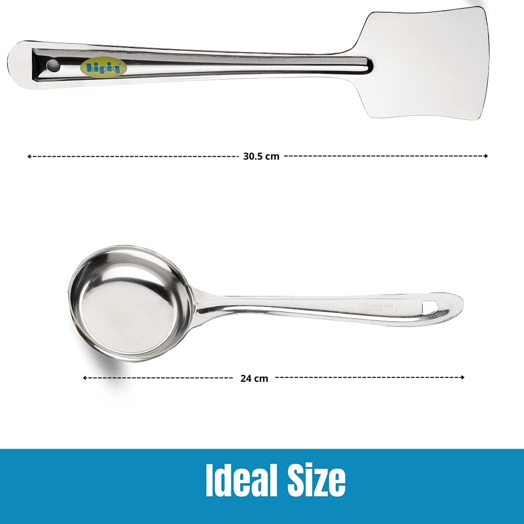Stainless Steel Dosa Making Spoon Ladle with Flat Base and Turner Set of 2 Z76450