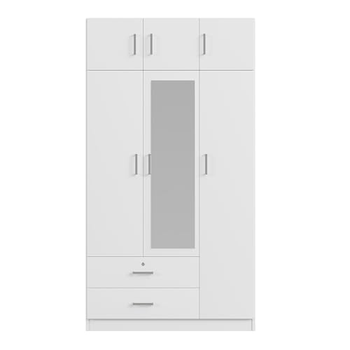 White 3-Door Wardrobe Closet with 1 Drawer and Top Cabinet F482