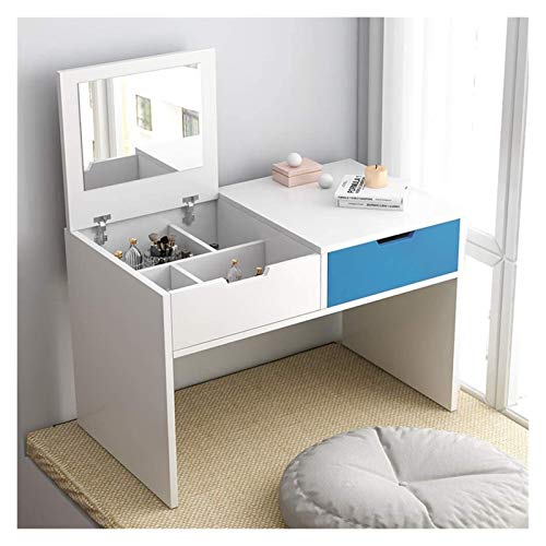 White Blue 2-in-1 Vanity Desk with Flip Top Mirror and Drawers D68278