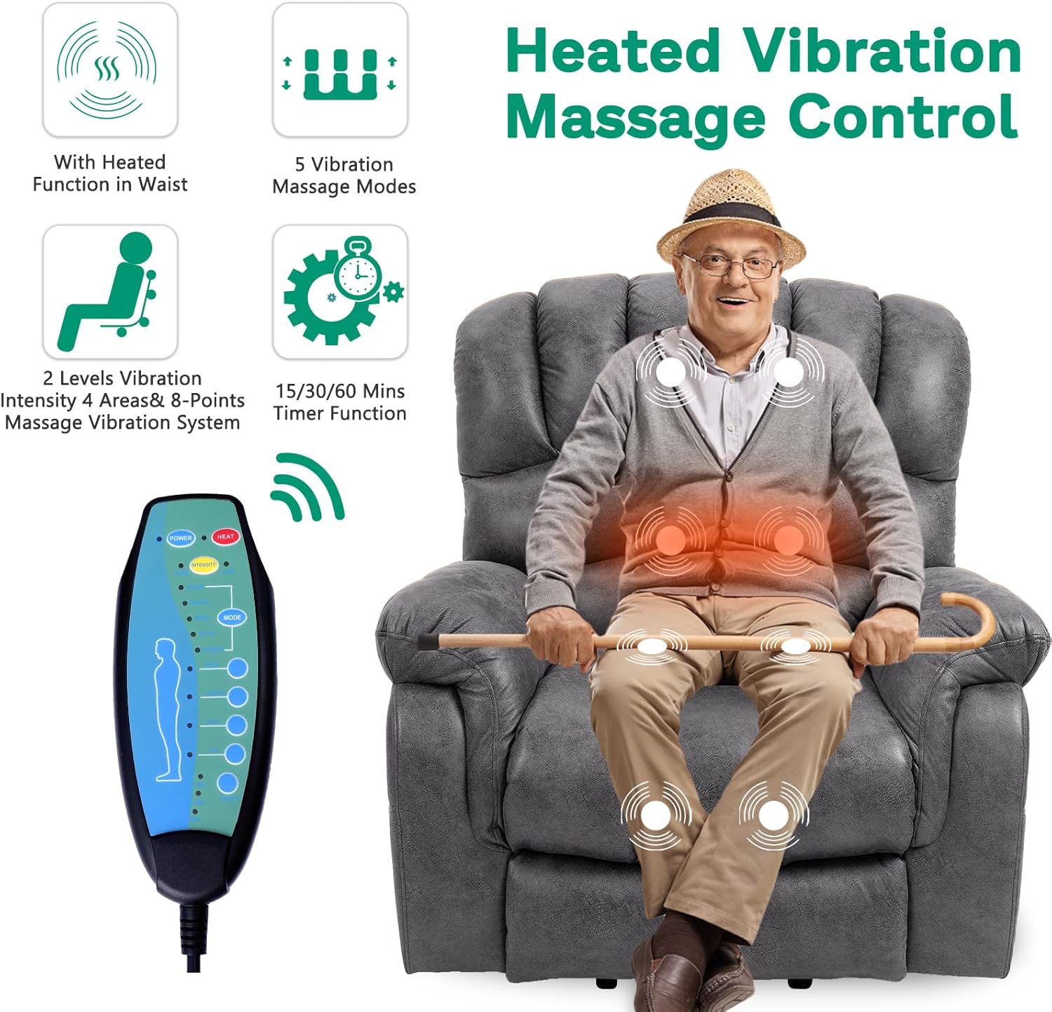 Gray Power Lift Recliner Chair with Heat & Massage O743