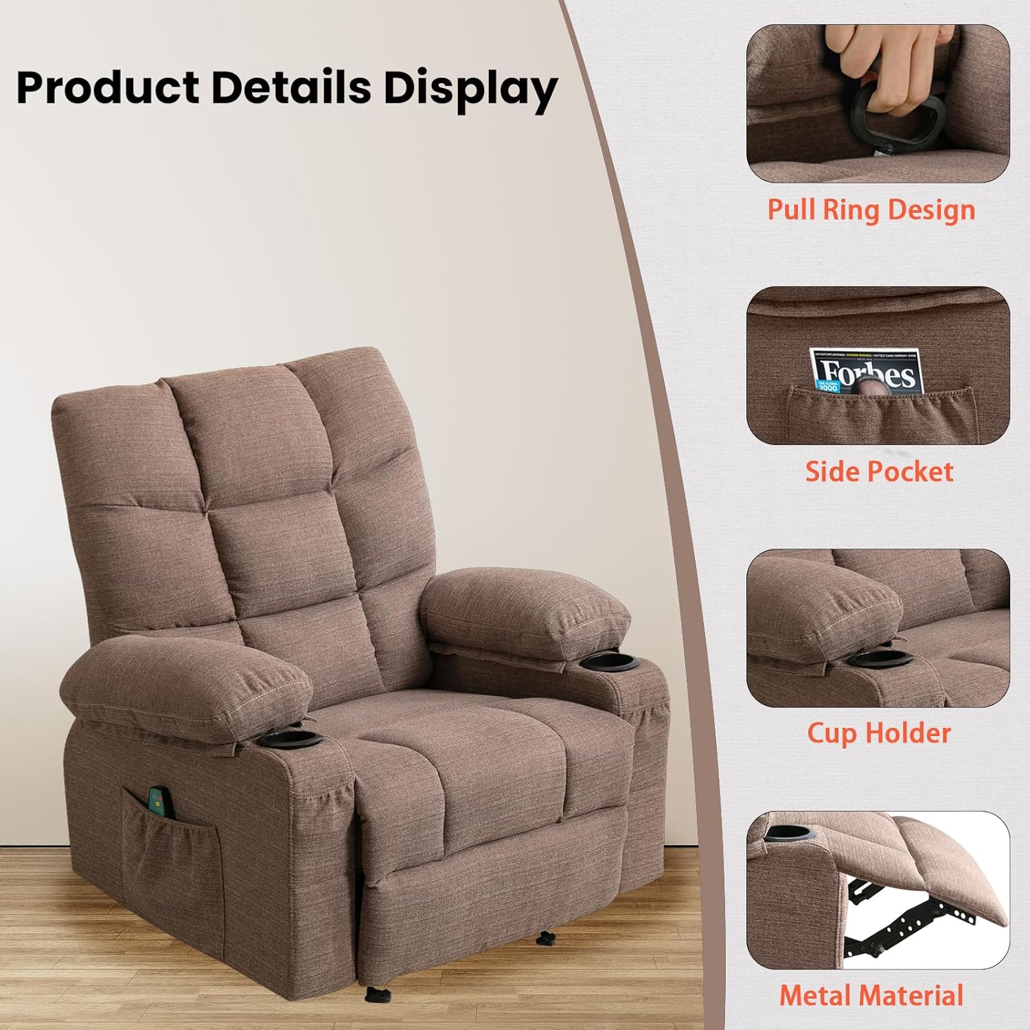 Brown Manual Fabric Recliner Chair with 8 Points Power Massage I27907