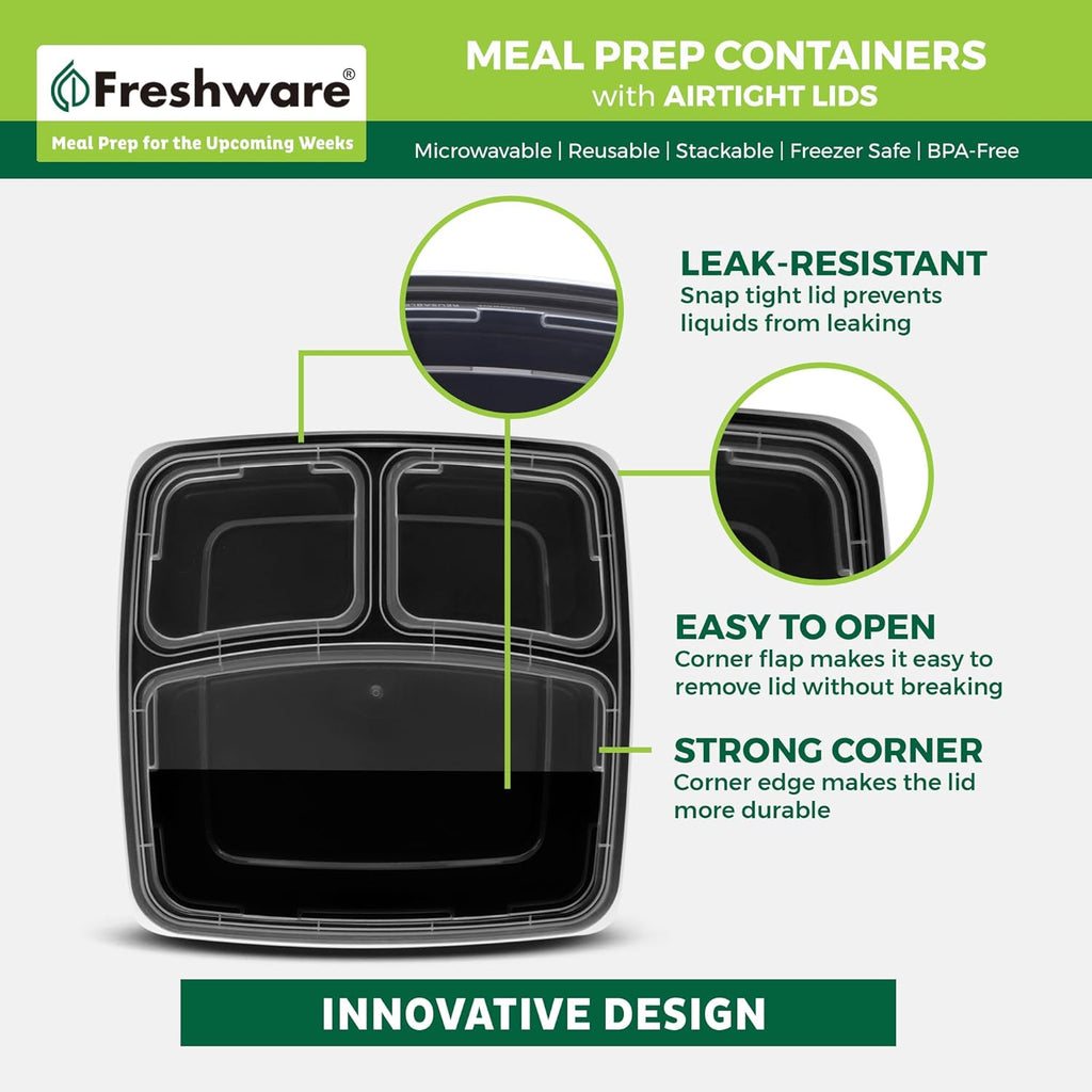 20 Count 3 Compartment BPA Free Food Containers with Lids X97472