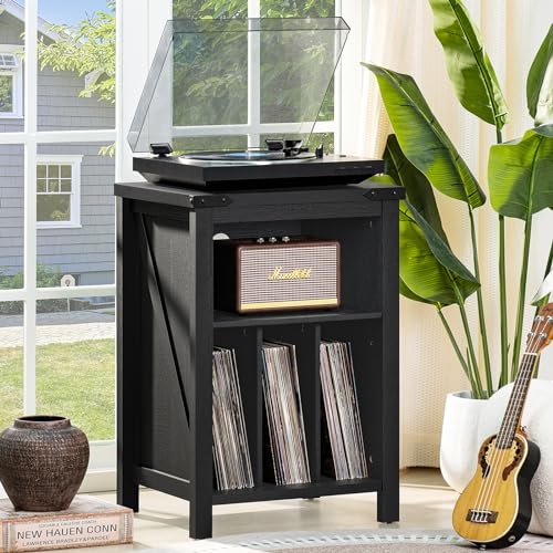 Rustic Brown Wood Record Player Stand with Vinyl Record Storage W79910