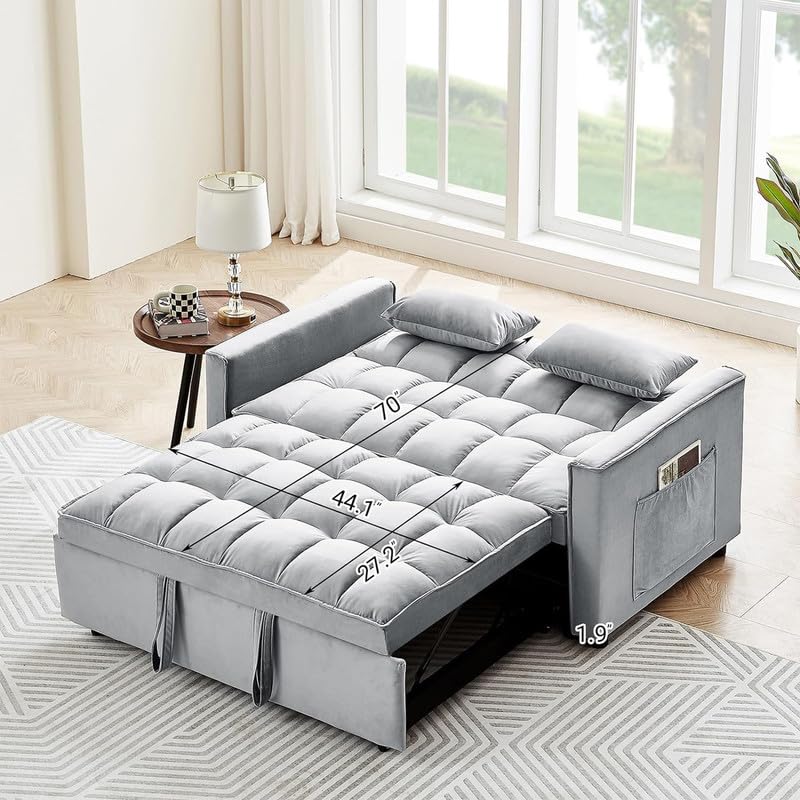 Beige Velvet Convertible Sleeper Sofa Bed with Pull Out Bed F662424