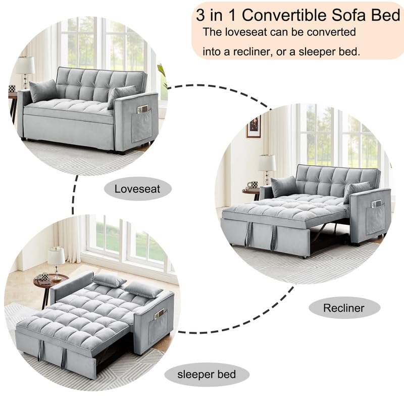 Beige Velvet Convertible Sleeper Sofa Bed with Pull Out Bed F662424
