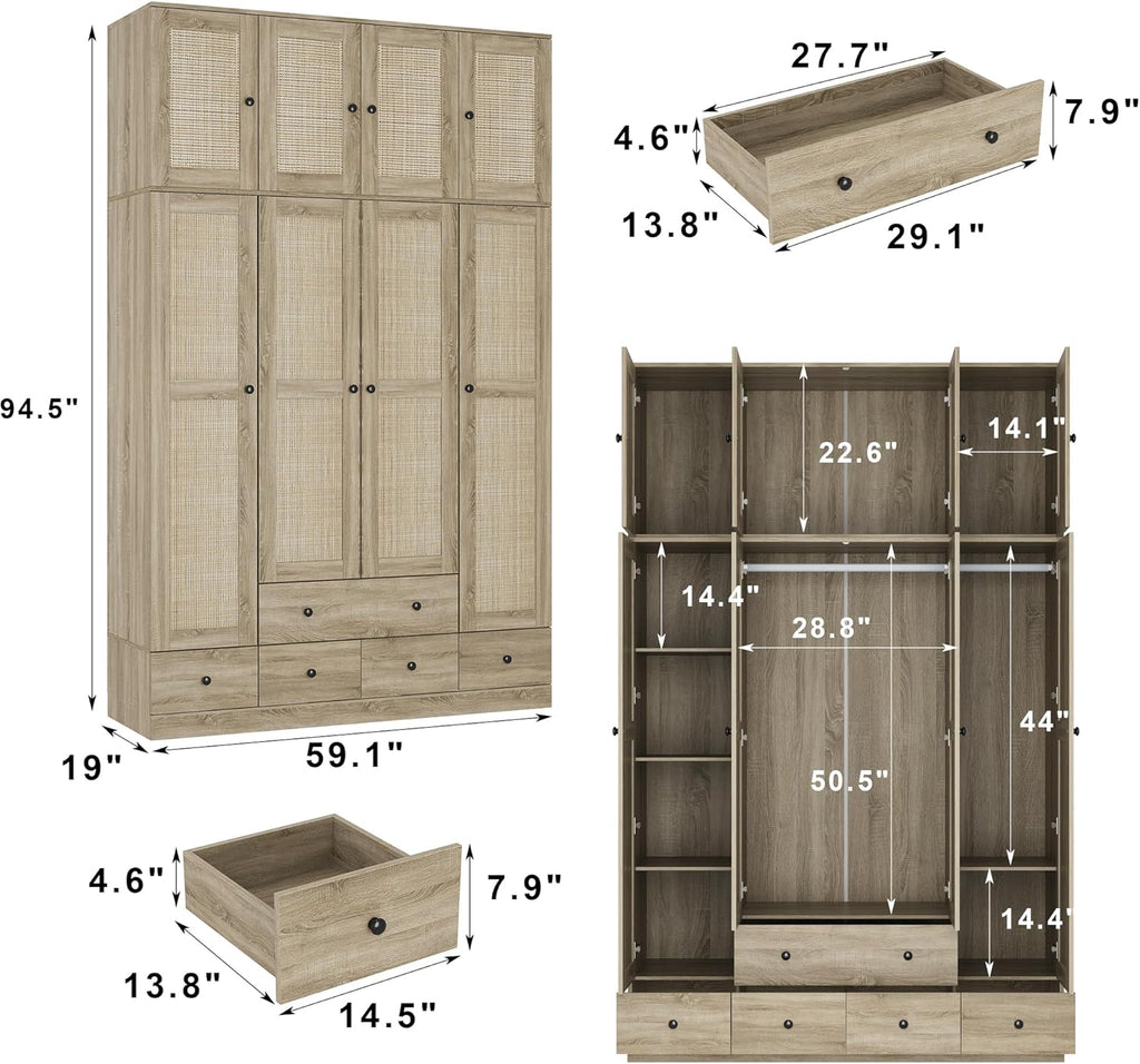 Light Brown 8 Door Wardrobe Armoire with Rattan Doors, 5 Drawers, 2 Hanging Bars R192