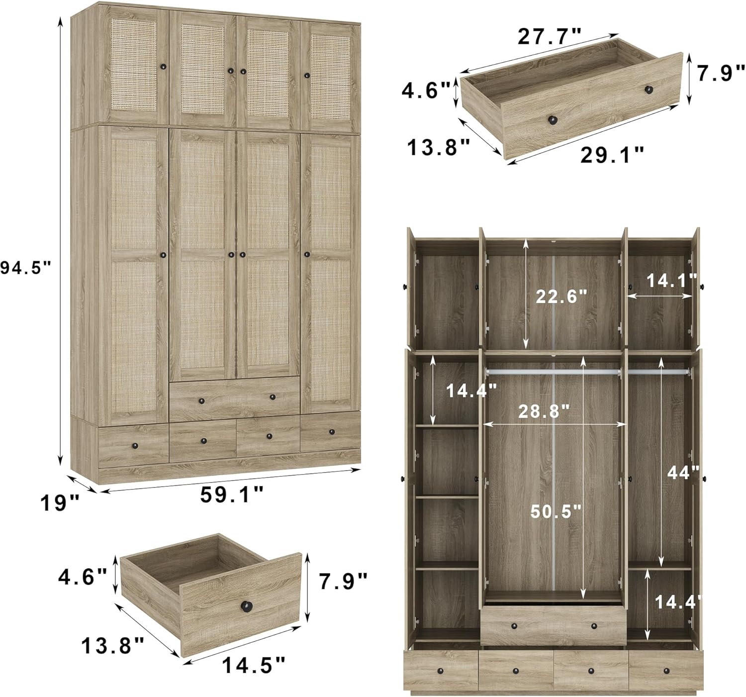 Light Brown 8 Door Wardrobe Armoire with Rattan Doors, 5 Drawers, 2 Hanging Bars R192