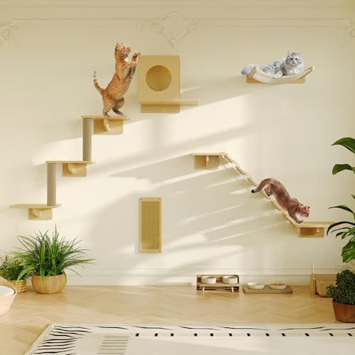 Set of 5 Wooden Cat Wall Shelves with Cat Condo, Scratching Post, Bridge, Hammocks and Scratcher B524536