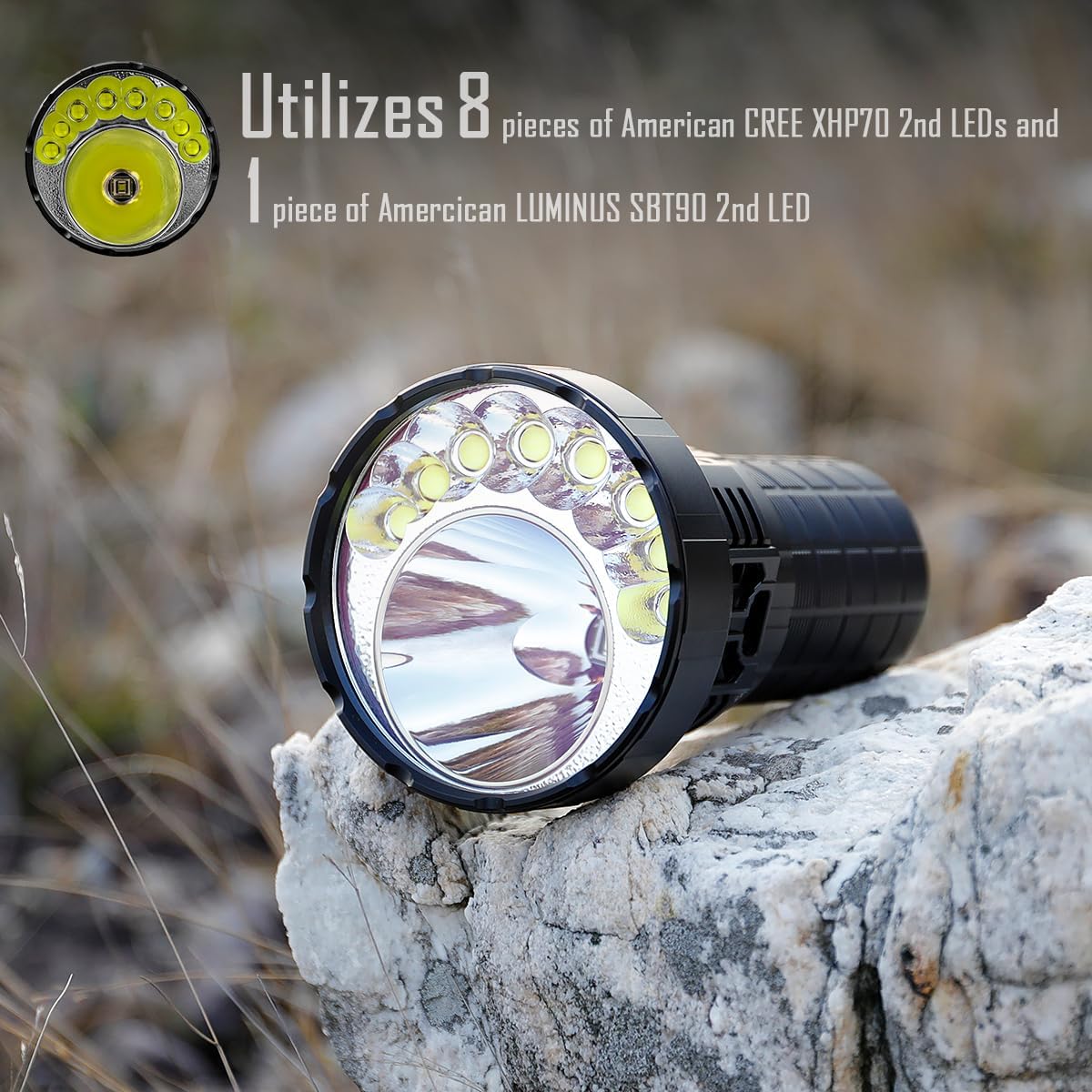Rechargeable Flashlight 50000 Lumens with Cree XHP 70.2 LEDs F3333