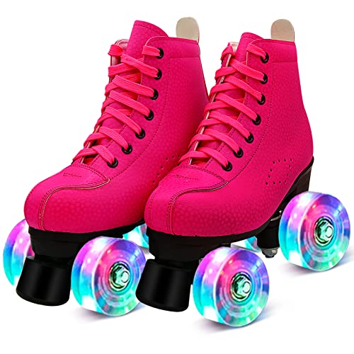 High-top Classic Double-Row Roller Skates Shoes with 4 Shiny Wheels PU Leather I4353