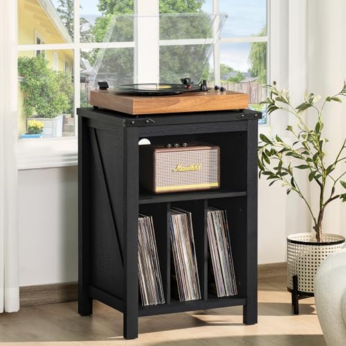 Rustic Brown Wood Record Player Stand with Vinyl Record Storage W79910
