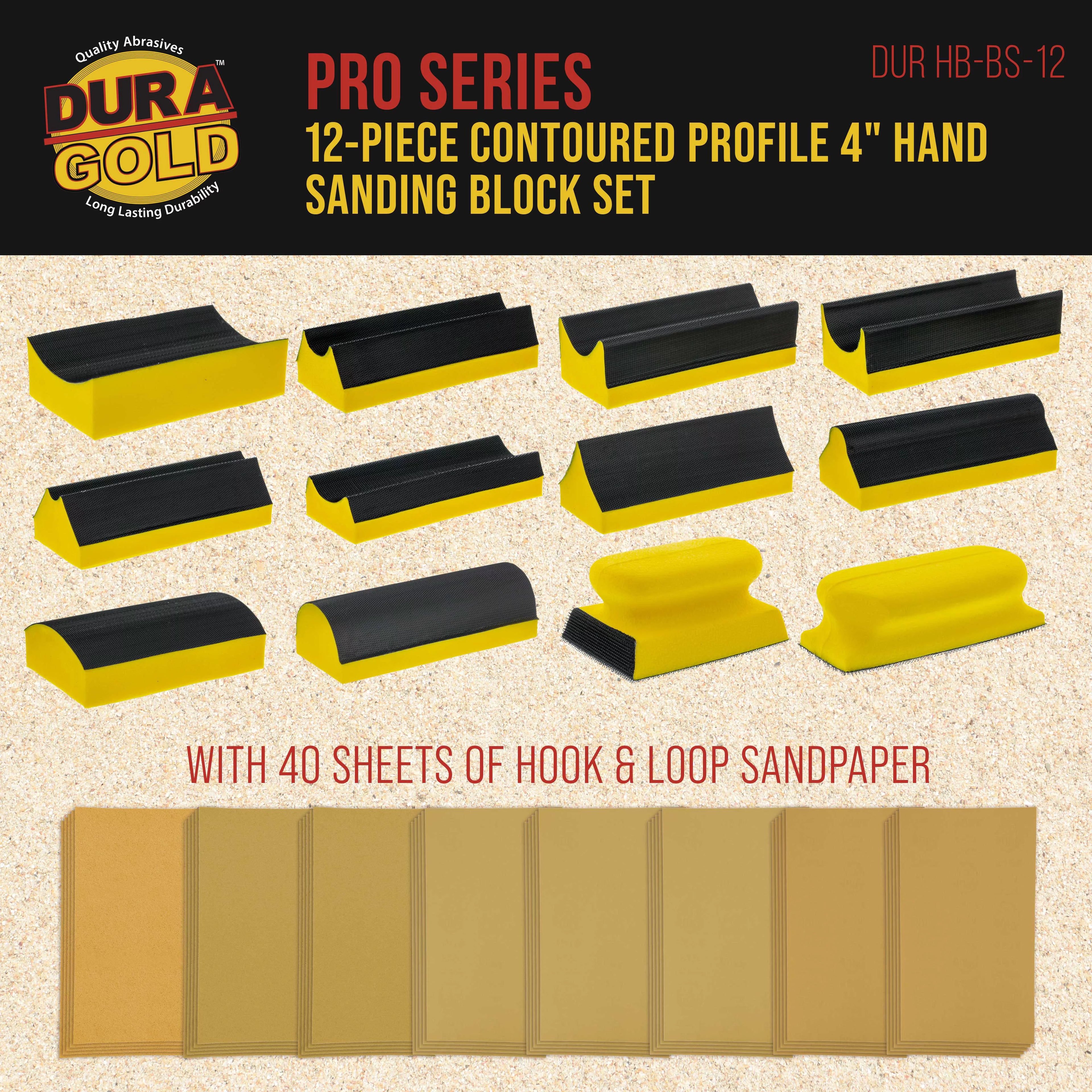 12-Piece Contoured Hand Sanding Block Set with 40 Sheet Hook & Loop Sandpaper Kit M470692