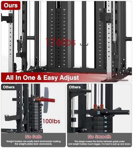 Smith Machine with Weight Stacks Power Cage Squat Rack Dual Cable Crossover Machine Home Gym Station LAT Pull Down F61115