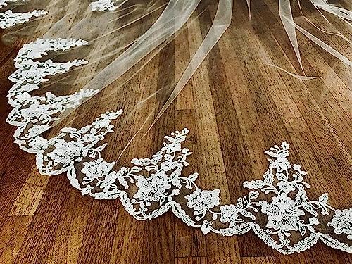 White Ivory Wedding Veil 3m with Comb Lace Cathedral Veil Ribbon E821