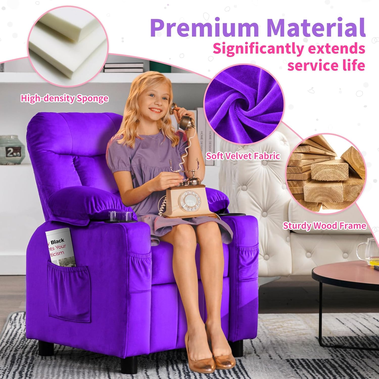 Purple Velvet Toddlers Kids Recliner Chair with Cup Holder V6260