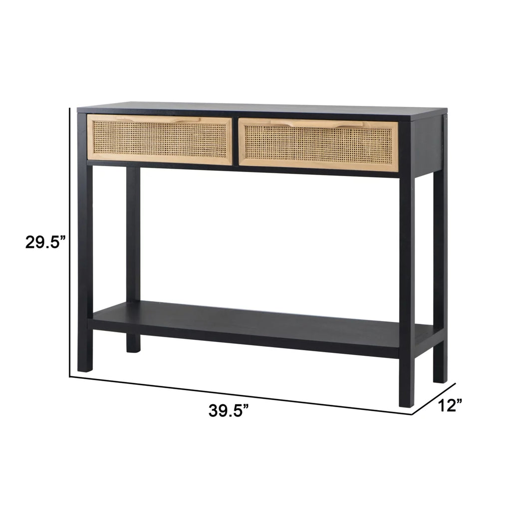 Black Finish Sofa Console Table with 2 Rattan Drawers K528731