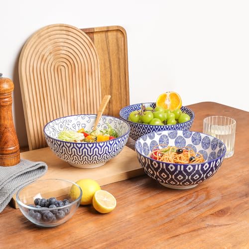 53 OZ Ceramic Salad Bowls Set of 3, Vintage Blue P384
