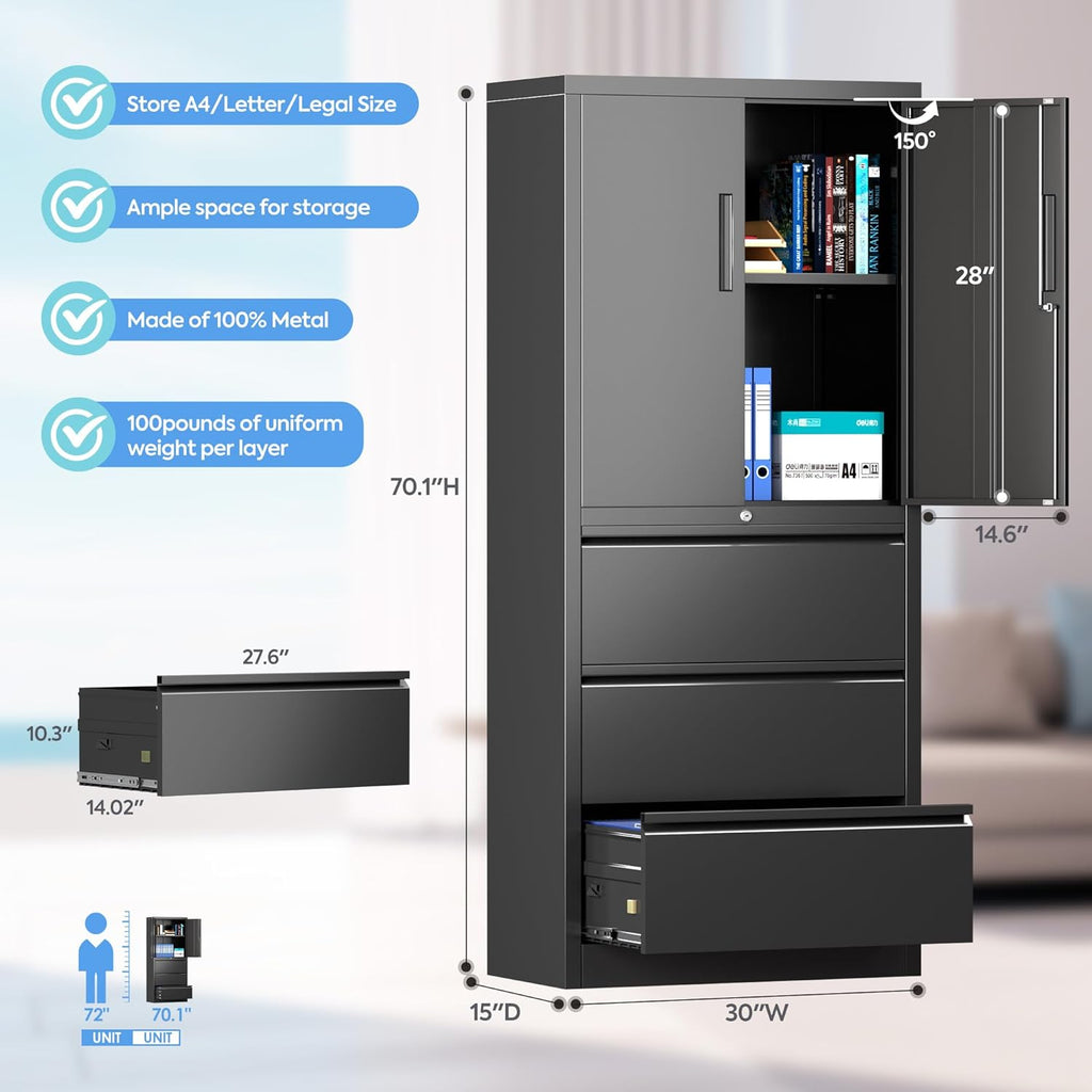 Black 3 Drawer Metal File Cabinet with Lock X336