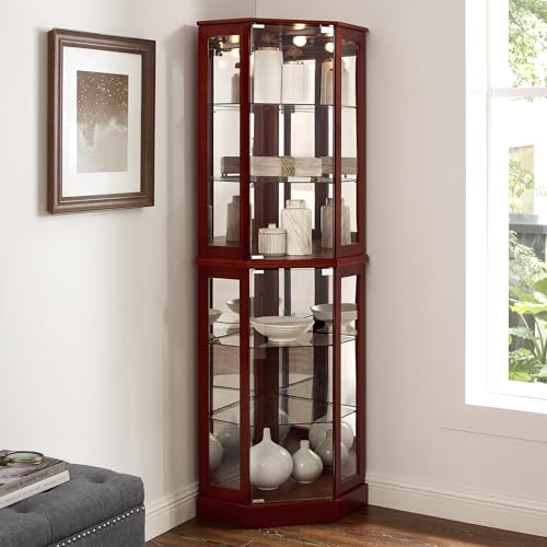 Walnut 6 Tier Corner Curio Cabinet with Mirror S34174