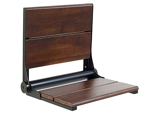 Teak Shower Seat - Type 304 Stainless Steel/Contoured 1" Natural Wood Slats/ADA Folding Wall Mount Bench/Matte Black / 18" x 16" K82668