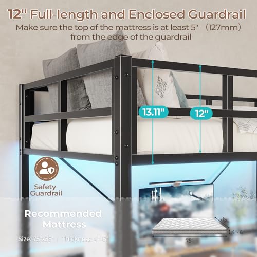 White Metal Twin Loft Bed with Ladder and Guardrail V1971