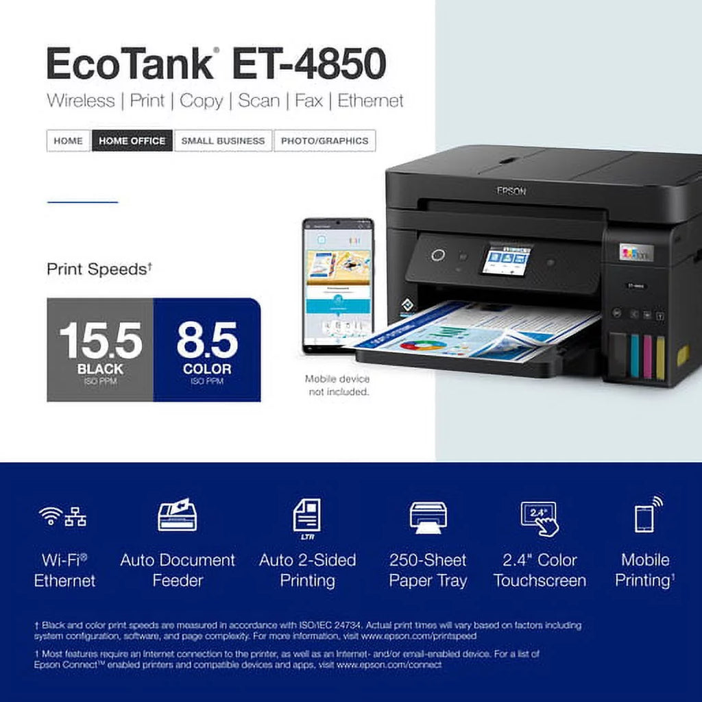 EcoTank ET-4850 Wireless All-in-One Supertank Printer with Scanner, Copier, Fax, ADF and Ethernet K36103