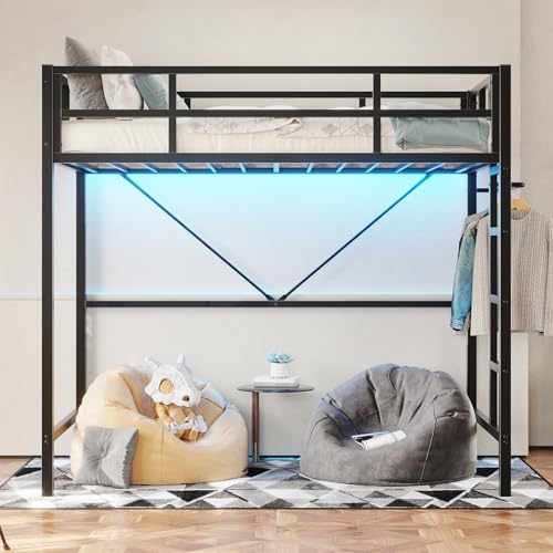White Metal Twin Loft Bed with Ladder and Guardrail V1971