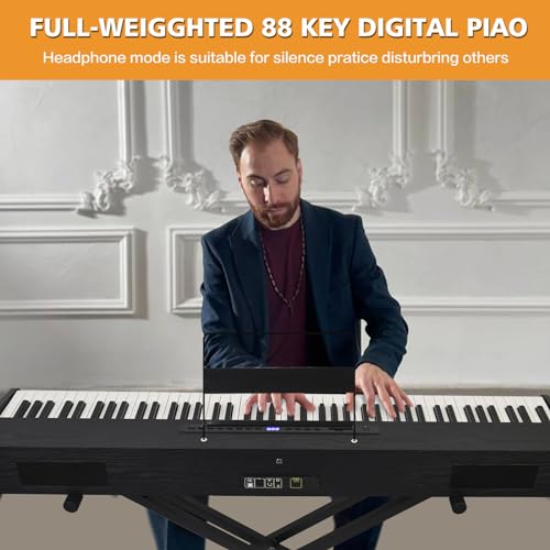 88 Key Weighted Keyboard with Hammer Action, 2x30W Speakers, Adjustable Stand, Carrying Case, Sustain Pedal, Headphone, Black O1729