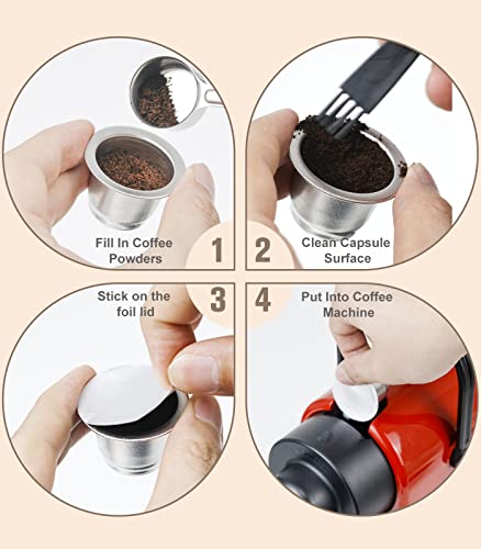 Stainless Steel Reusable Coffee Capsules, 2 Pods with 100 Lids and Spoon J261930