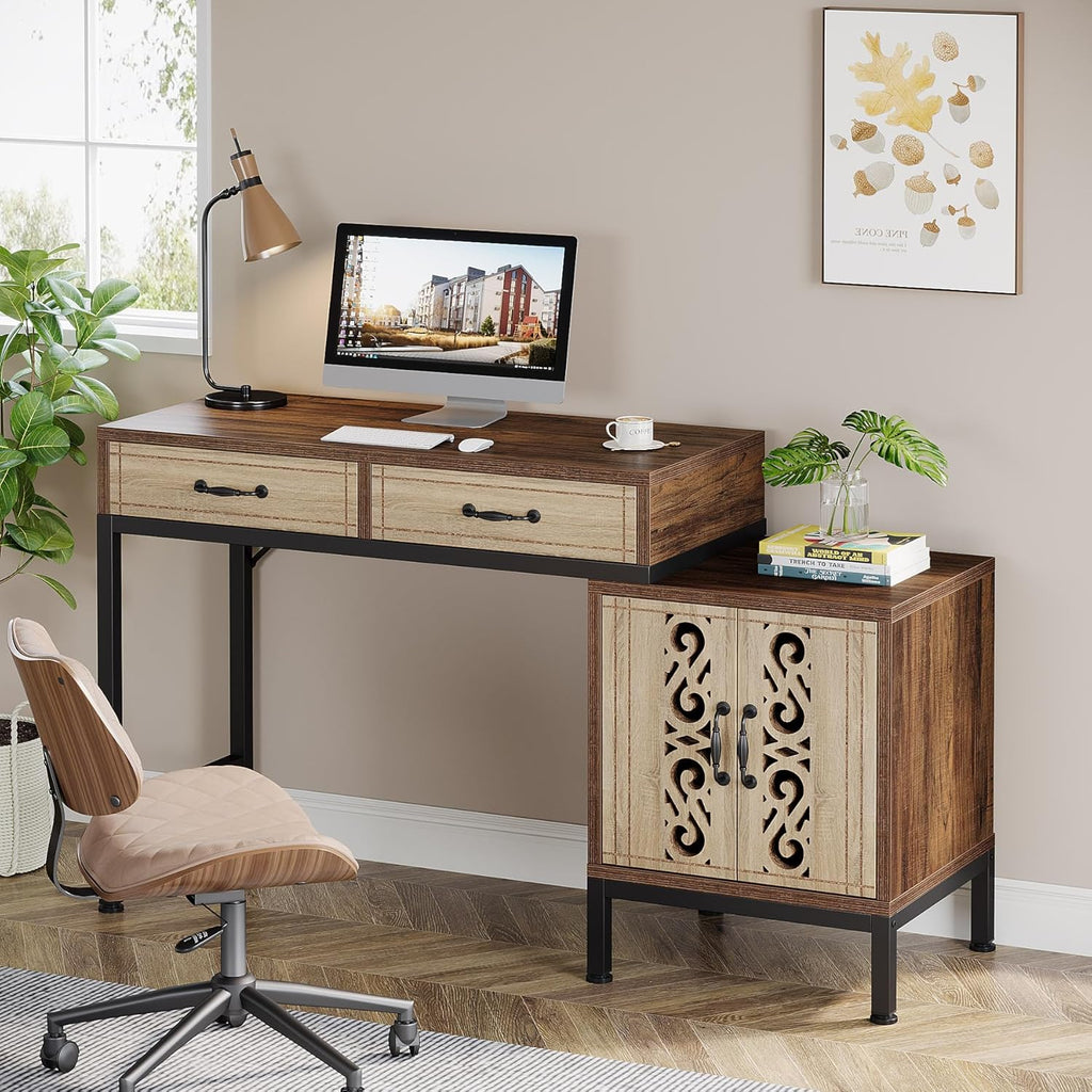 55-Inch Computer Desk with Drawers and Storage Cabinet, Brown O6477