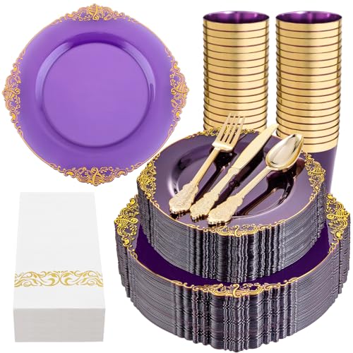 350PCS Clear Gold Plastic Plates Dinnerware Sets O670