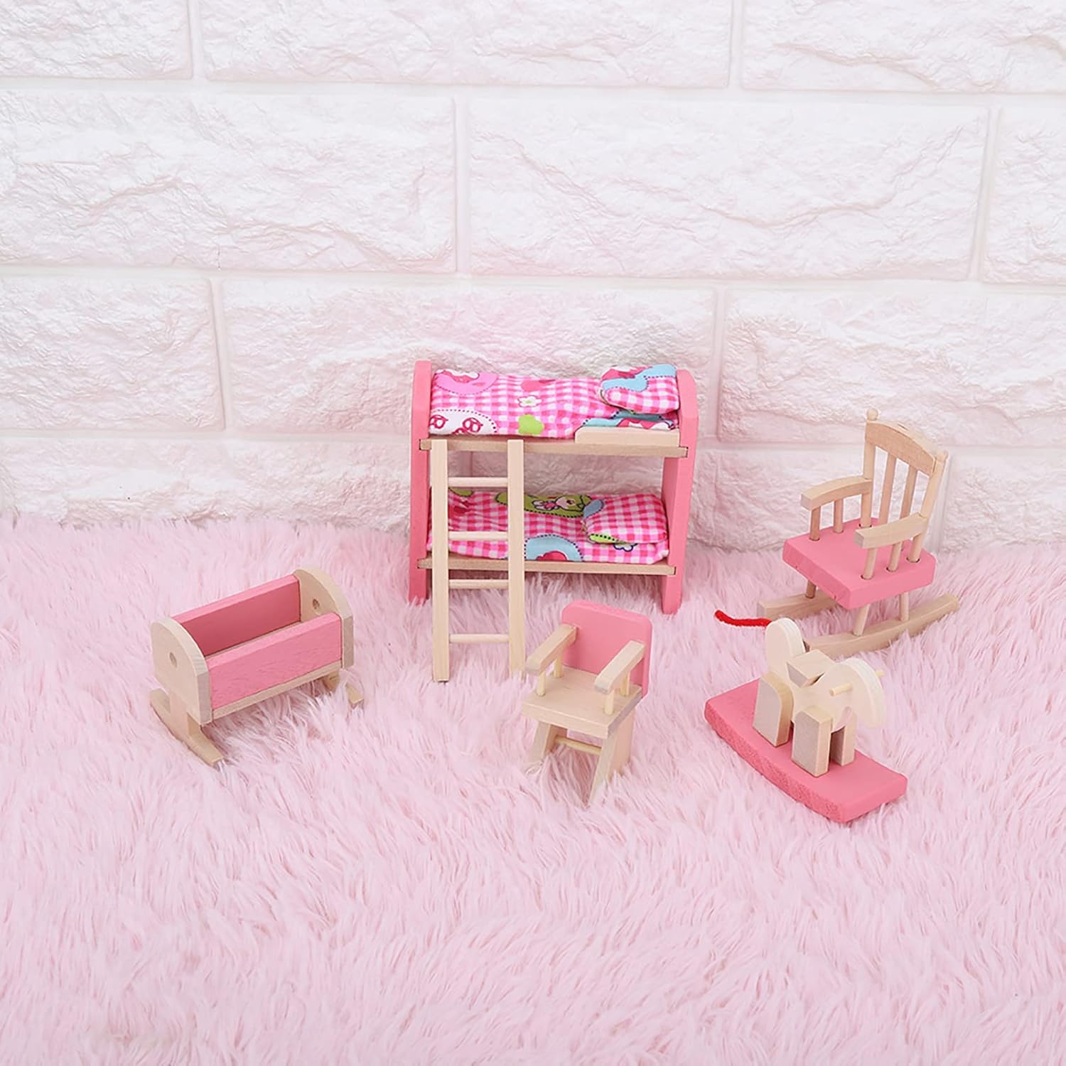 6 Different Rooms Wooden Dollhouse Furniture with Cushion and Towel F8091