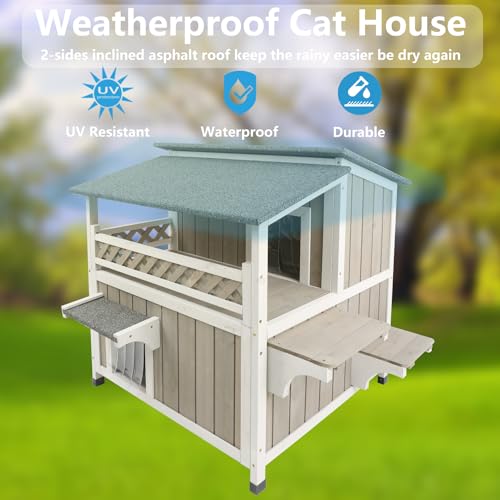 Two Story Wooden Cat House with Balcony Waterproof F771